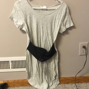 Long grey shirt w/ built on black belt over waist